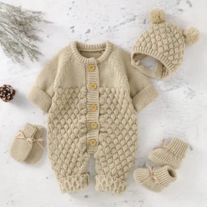 Baby Rompers Caps Clothes Sets Newborn Girl Boy Knitted Jumpsuits Outfits Autumn Winter Long Sleeve Toddler Infant Overalls 2pcs